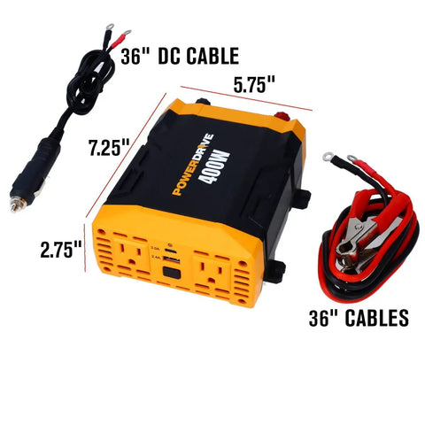 Rock Solid 400w Power Inverter transforms 12v Dc to 110v Ac for your ride with dual outlets and USB C port.