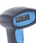 1D Wireless Barcode Scanner With 2.4G USB close-up showing scanning lens and blue frame