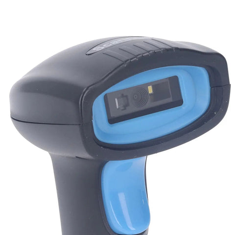 1D Wireless Barcode Scanner With 2.4G USB close-up showing scanning lens and blue frame