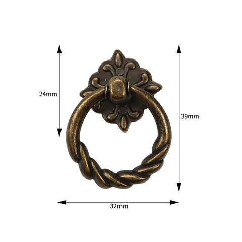 Antique bronze drop ring knob with dimensions, part of 6 Pieces Vintage Bronze Drop Ring Knobs And Pulls For Dresser Drawers Cabinets set.