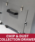 Heavy Duty Portable Metalworking Dust Collector Crushing Sawdust Clutter At 957 CFM, featuring chip and dust collection drawer.