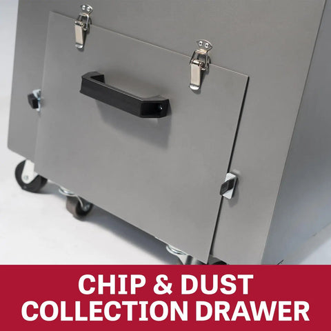 Heavy Duty Portable Metalworking Dust Collector Crushing Sawdust Clutter At 957 CFM, featuring chip and dust collection drawer.