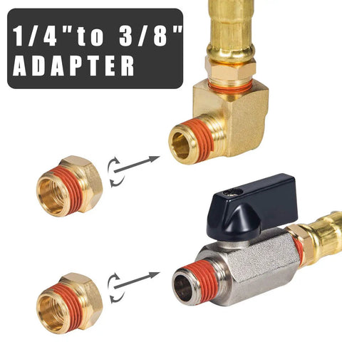 Extended Tank Drain Valve Assembly Kit For Air Compressors With Ten Inch Braided Steel Hose One Quarter Inch NPT Drain Valve And Elbow Fitting Plus Two One Quarter To Three Eighths Brass Adapters And Thread Seal Tape For Easy Moisture Drainage showing brass adapters and valve