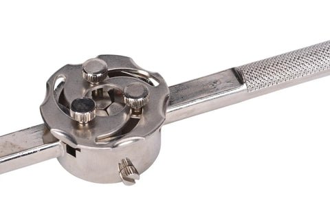 Close-up of Adjustable Self Centering Die Stock for 1 Inch Dies, Heavy Duty Metalworking Tool that Locks Hex and Round Dies