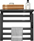 Must-Have 100W Wall Mount Towel Warmer Rack With Timer, LCD Touch Screen, Black with top shelf and towels in bathroom