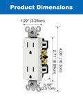 Decked Out Decor Wall Outlet Receptacle 15 Amp 125V 1875W Non Tamper Resistant for Residential and Commercial Use UL Listed White 10 Pack Durable Polycarbonate Construction shown with dimensions displayed.