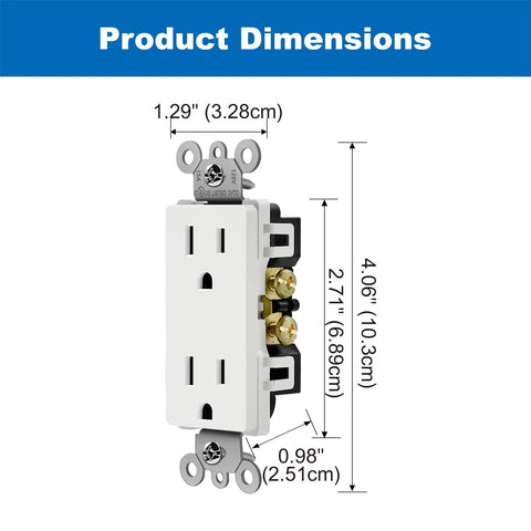 Decked Out Decor Wall Outlet Receptacle 15 Amp 125V 1875W Non Tamper Resistant for Residential and Commercial Use UL Listed White 10 Pack Durable Polycarbonate Construction shown with dimensions displayed.