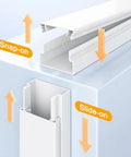 Super Slick Peel And Stick Cable Raceway Cover For TV And Office Walls showing snap-on and slide-on features for cable management.