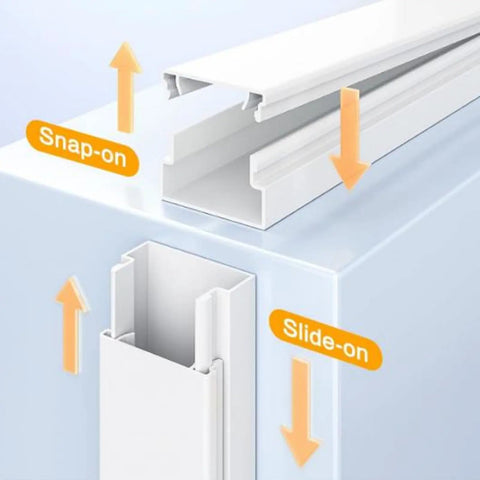 Super Slick Peel And Stick Cable Raceway Cover For TV And Office Walls showing snap-on and slide-on features for cable management.