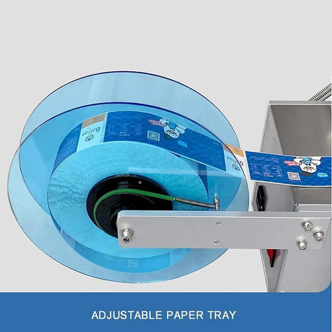 No Sweat Semi Auto Round Bottle Labeler With Inline Date Coder, showing adjustable paper tray for efficient labeling.