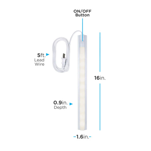16 Inch LED Under Cabinet Light Plug In Soft White 3000K 384 Lumens shown with 5ft lead wire and on/off button in plastic housing
