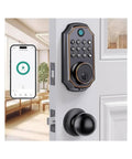 Straight Up Secure Keyless Entry Deadbolt Lock With Fast Fingerprint Scan Bluetooth App Control And Password Backup Key installed on a door.