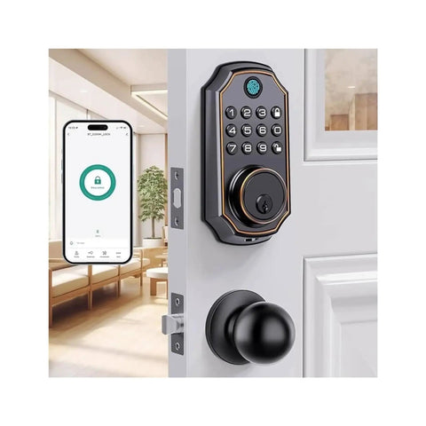 Straight Up Secure Keyless Entry Deadbolt Lock With Fast Fingerprint Scan Bluetooth App Control And Password Backup Key installed on a door.