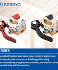 Mil Spec Battery Terminal Kit Top Post With Covers And Copper Lugs Heat Shrink Tubing Anti Corrosion Pads And Post Washer And Hex Wrench For SAE JIS A Type Vehicles Great For Auto Enthusiasts And DIY Wiring Projects showcasing easy-to-identify red and black covers and brass construction for wiring