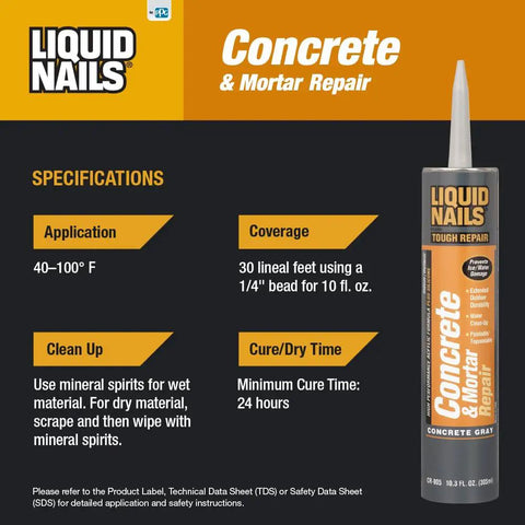 Liquid Nails Concrete And Mortar Repair Adhesive tube, 10.3 oz size, waterproof, for deep cracks, all weather formula.