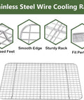 Sturdy Stainless Steel Baking Sheet With Rack Set showing wire cooling rack with 6 raised feet and smooth edges.
