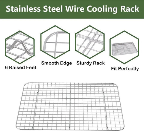 Sturdy Stainless Steel Baking Sheet With Rack Set showing wire cooling rack with 6 raised feet and smooth edges.