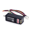 Front view of UIM2040CM NEMA 8 servo stepper motor with encoder; black housing, metal shaft, multi-wire cable connector
