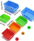 Wall Mounted Storage Bins Organizer for Garage and Workshop, 30 Bin Set in Four Colors, ABS Plastic, various bin sizes.