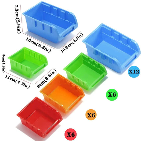 Wall Mounted Storage Bins Organizer for Garage and Workshop, 30 Bin Set in Four Colors, ABS Plastic, various bin sizes.