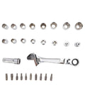 19 Piece Pass Through Socket Set With Ratchet And Extension, Metric Spline Wrenches For Long Bolts, heavy-duty chrome sockets and ratchet tool layout.