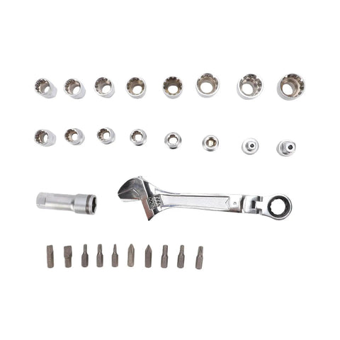 19 Piece Pass Through Socket Set With Ratchet And Extension, Metric Spline Wrenches For Long Bolts, heavy-duty chrome sockets and ratchet tool layout.