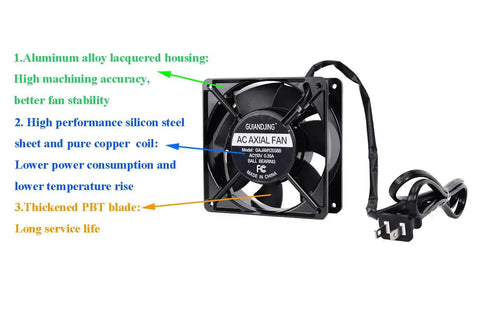 Beefy 120mm x 38mm AC Cooling Fan 110V Dual Ball Bearing 3000 RPM High CFM Over 105 CFM With Aluminum Alloy Frame And Integrated AC Plug displayed