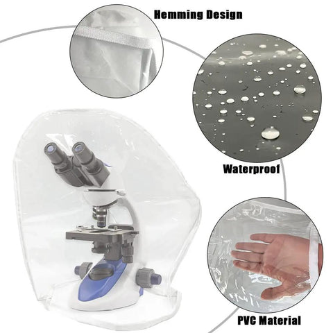 5 Pack Microscope Dust Covers For Lab Use, Waterproof PVC, 20 By 20 Inch, Keeps Dust Off Your Microscope, Easy To Clean, Fits Most Medium To Small Benchtop Microscopes, Waterproof Shield For Research And Education; clear PVC cover on microscope