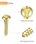 Brass Wood Screws M6 30mm Slotted Round Head Self Tapping Screws For Woodworking 10 Pack with detailed head and tip view