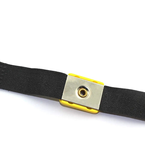Close-up of the Everyday ESD Wrist Strap with adjustable black band and grounding wire, showing metal clip connector.