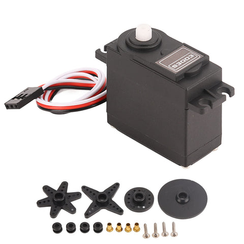 Smooth Operator High Speed Standard RC Servo Motor Featuring Tough Plastic Gears And Durable Metal Output Spline with accessories.