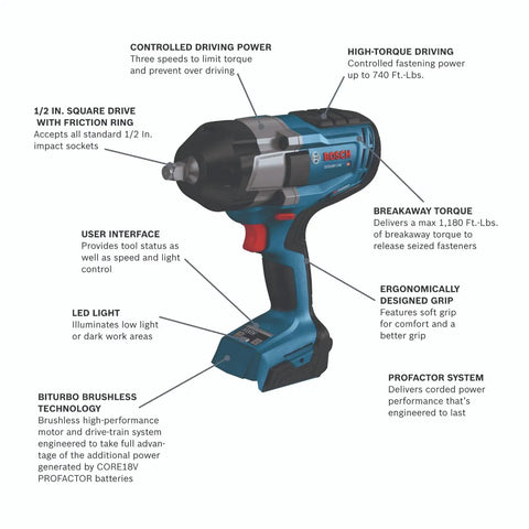 Heavy Duty 18 Volt Cordless Impact Wrench With Half Inch Drive Friction Ring And Beast Mode Torque For Stubborn Bolts Along With Three Speed Settings To Get The Job Done Bare Tool Setup, side view showcasing features and design.