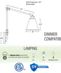 Technical diagram of Dope Industrial 18 Inch Swing Arm Wall Lamp Set of 2 with adjustable head and dimmer compatibility details.