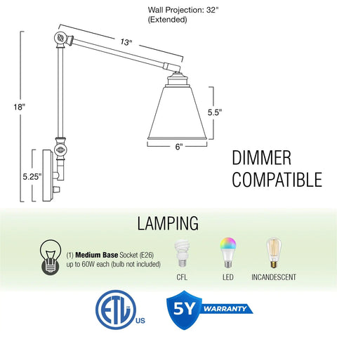 Technical diagram of Dope Industrial 18 Inch Swing Arm Wall Lamp Set of 2 with adjustable head and dimmer compatibility details.