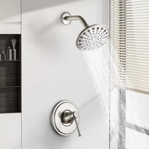 Brushed Nickel Rain Shower System With 6 Inch Shower Head And Handle, ABS Construction, Leak-Proof Design, Six Spray Modes