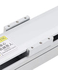 Ridiculously Precise CNC Linear Motion Rail Guide Delivering 100 MM Stroke Electric Linear Stage Actuator With Tough Dust Shield close-up showing rail and warning label.