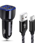 Dual Port Car Phone Charger With Built In Type C Cord Quick Charge Adapter and braided USB C cable for fast device recharging.
