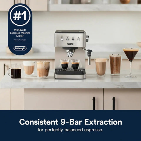 Top Notch Stainless Steel Espresso Machine With Built In Milk Frother For Killer Homemade Lattes And Smooth Cappuccinos Powered By Consistent Nine Bar Pressure And Zero Effort Auto Stop Settings Anytime on countertop with various coffee drinks.