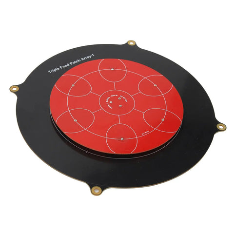 Long Range 5.8GHz Triple Feed Patch Antenna With High Gain For RC Drones FPV showing circularly polarized design on black and red panel