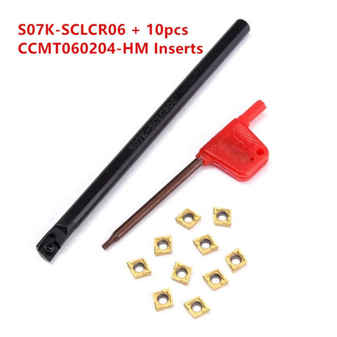 Pro Grade Lathe Milling Cutter Kit With S07K SCLCR06 Boring Bar Fixture And 10 CCMT060204 HM Inserts YBC251 Carbide Blades For Cast Iron And Titanium Machining Easy Chip Removal Durable Alloy Steel Tooling, 7mm shank, 125mm length