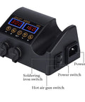 Control panel of 2-In-1 Soldering And Hot Air Rework Station With Dual LCD Displays, 80W Iron And 800W Hot Air, switches labeled