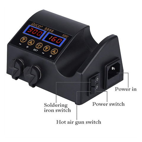 Control panel of 2-In-1 Soldering And Hot Air Rework Station With Dual LCD Displays, 80W Iron And 800W Hot Air, switches labeled