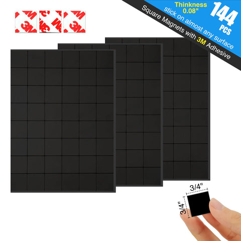 Adhesive Back Magnetic Squares 144 Pieces Three Quarter Inch Square 80 Mil Thick Self Stick Pre Cut Magnets in a hand
