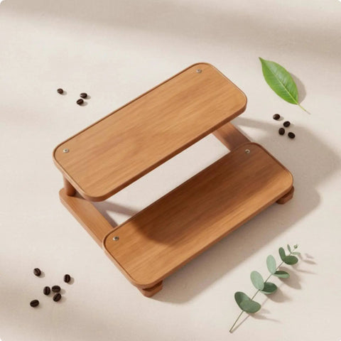 Clean 3 Tier Bamboo Cup Organizer Rack And Sharp Countertop Mug Stand For Coffee Bar Kitchen Office Storage Shelf With 6 Grid Wood Holder Setup Vibe on beige surface with coffee beans and greenery.
