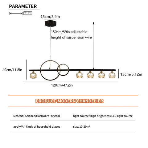 Diagram of Lit Modern LED Chandelier With Remote 40W Black Five Light Linear Pendant Lighting With Crystal Lampshade 47.2 Inch
