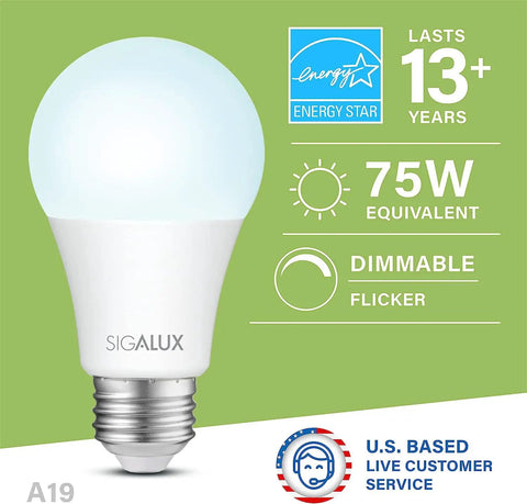 A19 LED Bulbs 75W Equivalent Dimmable 1100 Lumens 5000K Daylight Killer Bright Instant On No Buzz Or Flicker, energy efficient design