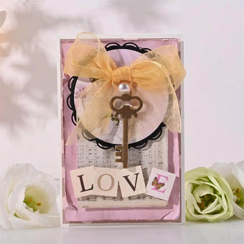 Greeting card featuring a vintage key design from the 9 Piece Vintage Keys Metal Cutting Dies Set For Scrapbooking And Card Making Dope DIY Die Cuts And Embossing Stencils For Albums Photos Cards And Paper Crafts.