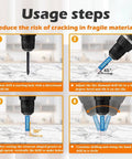 Diagram of 7 Piece Diamond Drill Bits Set For Tiles And Stone usage steps, showing drilling angles and techniques on tile surface.