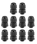 10-piece set of black waterproof M12x1.5 cable glands for 2mm to 5mm wire hole, nylon joint with adjustable locknut and washer.