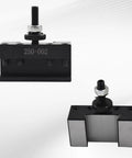 Two OXA 250-002 quick-change boring/turning tool holders for lathe, black metal with mounting bolts.